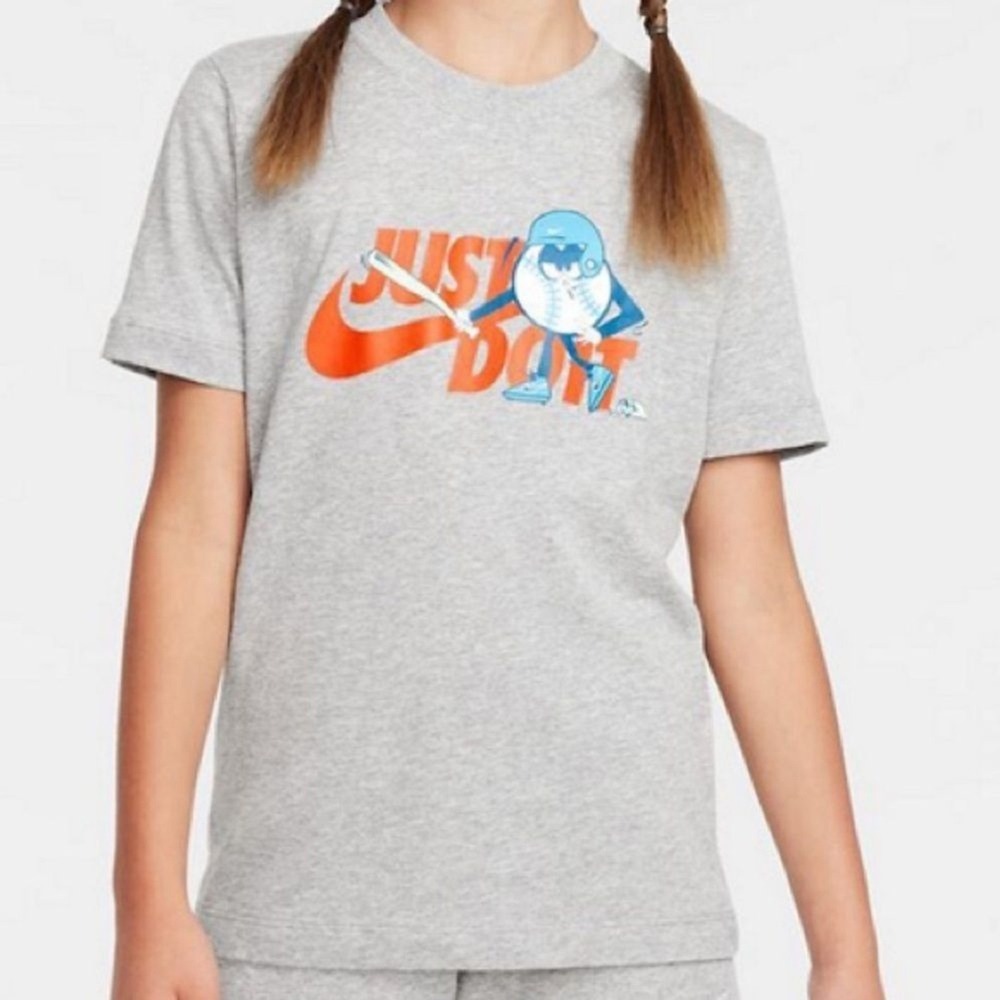 Nike Kids Just Do It Baseball Graphic T-Shirt Heather Grey Orange Swoosh Tee